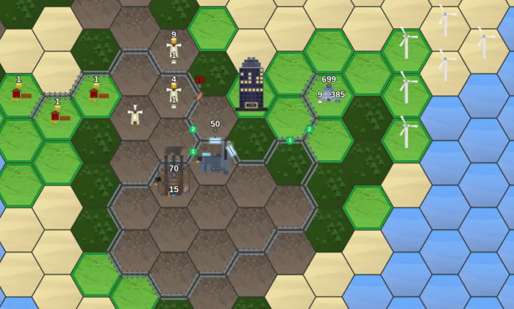 Hexagonal grid with trains routing between resource buildings in a procedurally generated landscape.