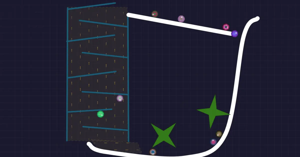 A custom-designed marble track with ramps and curves, with several marbles rolling down it.